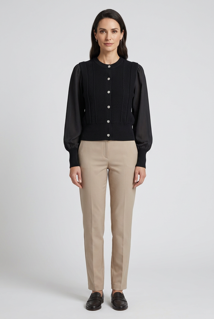 Margaux | Cable Knit Satin Sleeve Cardigan — Black