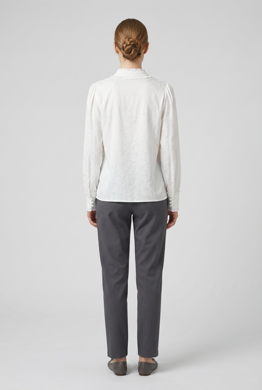 Seraphina | Jacquard Ruffle Victorian Blouse — White (back)