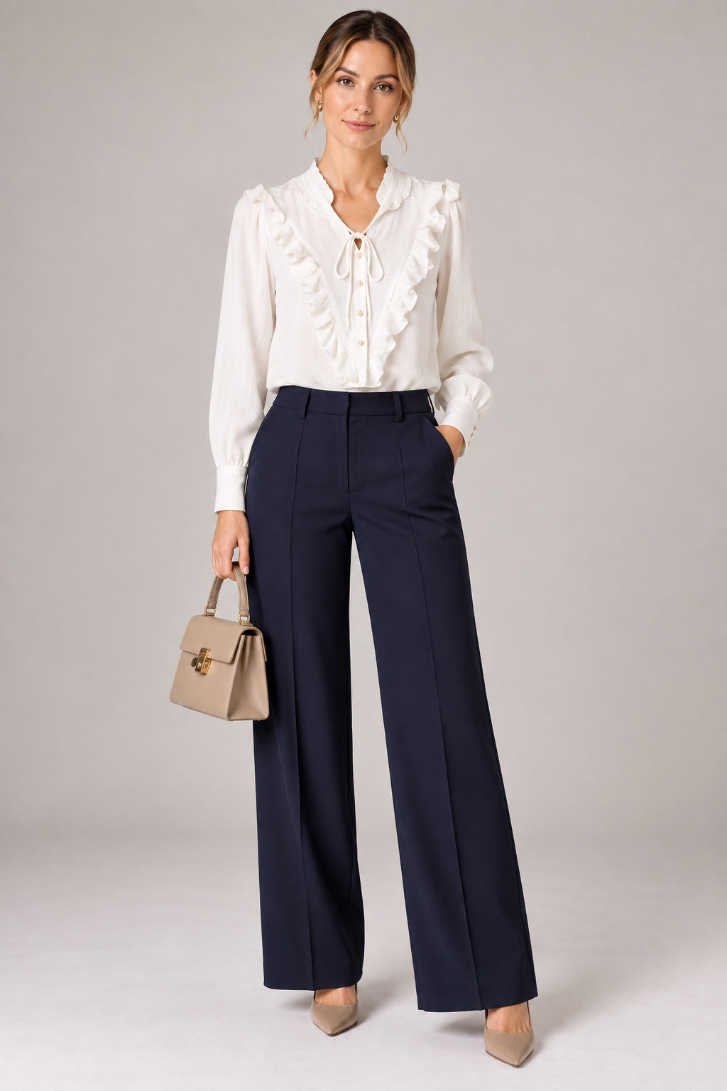 Seraphina | Jacquard Ruffle Victorian Blouse — White (front)