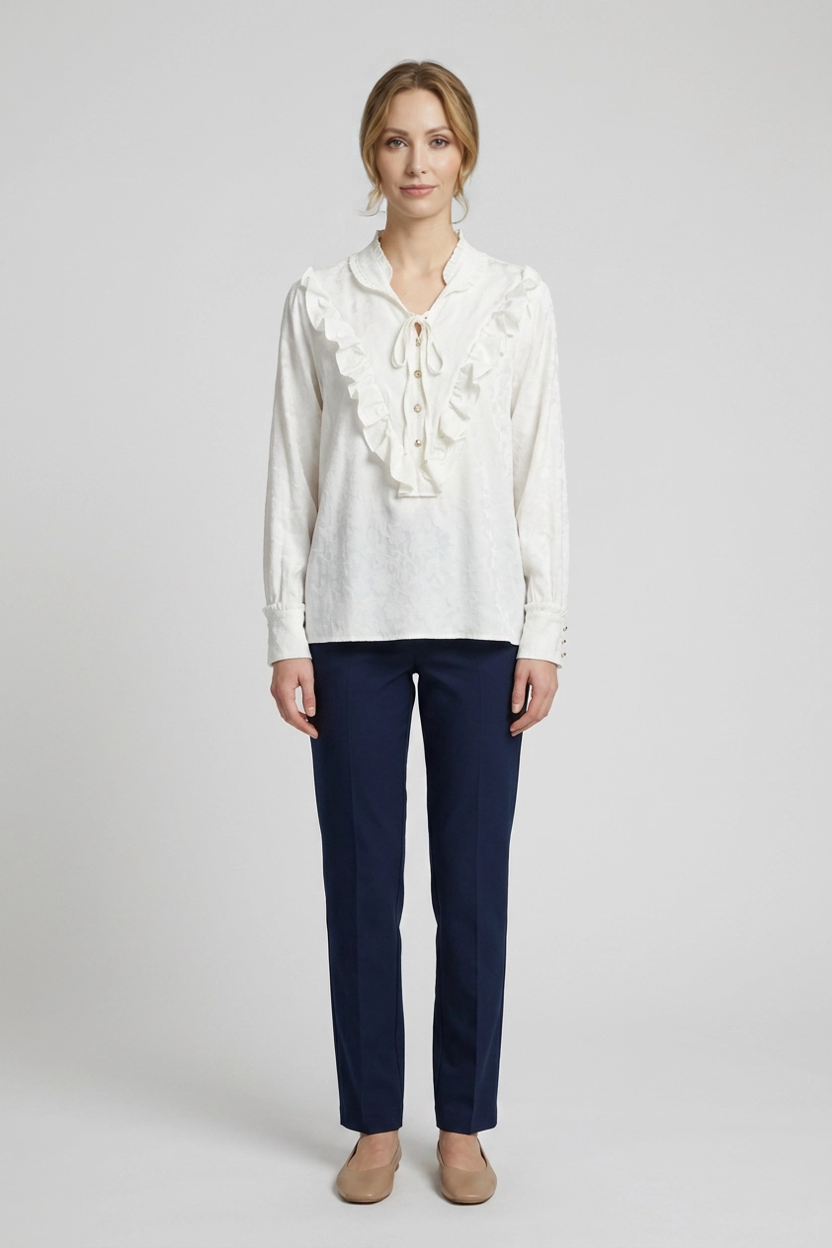 Seraphina | Jacquard Ruffle Victorian Blouse — White (front)