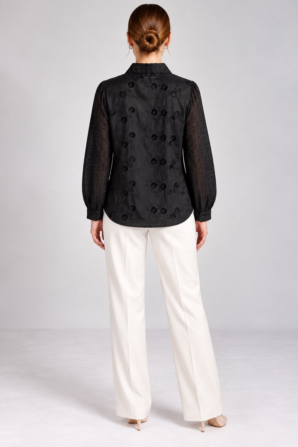 Lilith | Tonal Floral Embroidered Shirt — Black (back)
