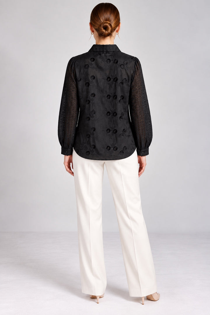Lilith | Tonal Floral Embroidered Shirt — Black (back)