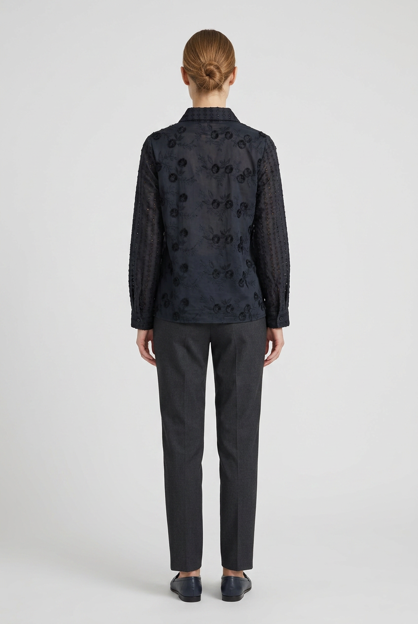 Lilith | Tonal Floral Embroidered Shirt — Black (back)