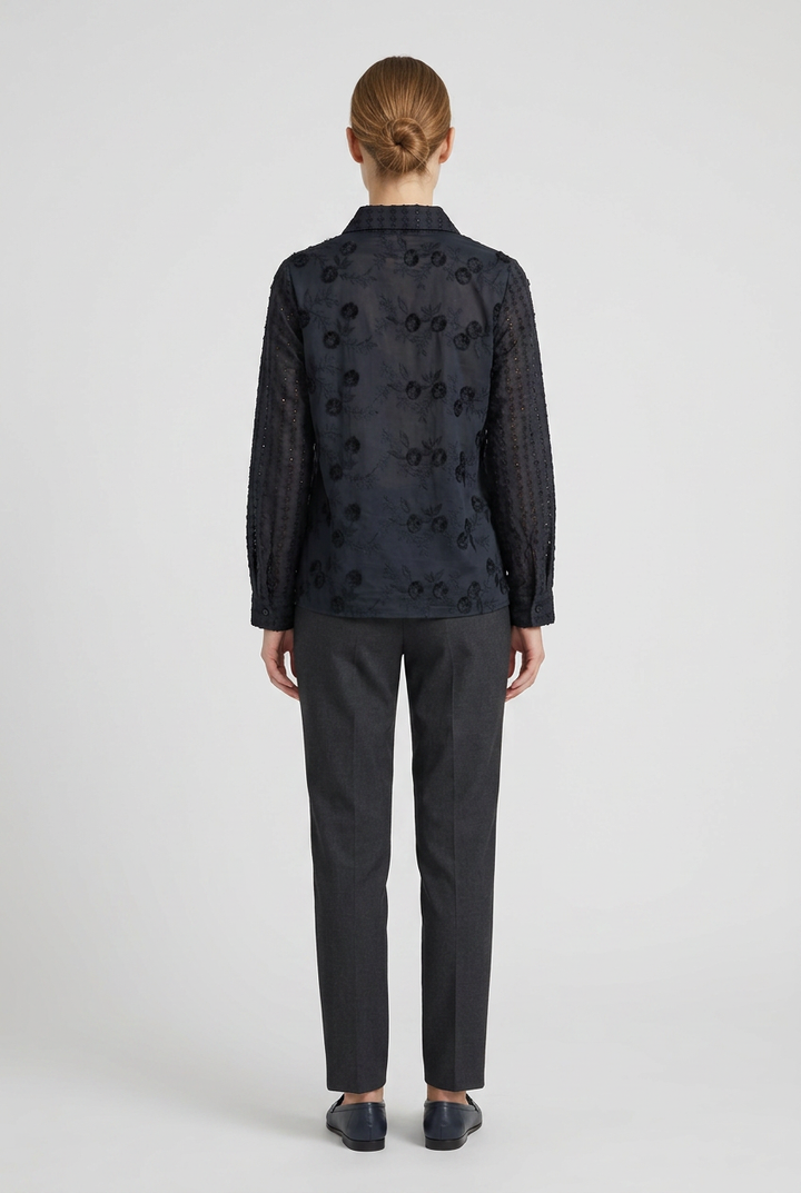 Lilith | Tonal Floral Embroidered Shirt — Black (back)