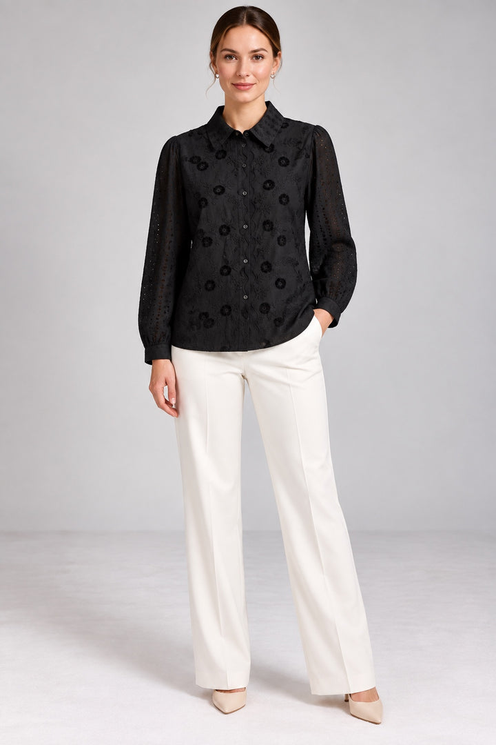 Lilith | Tonal Floral Embroidered Shirt — Black (front)