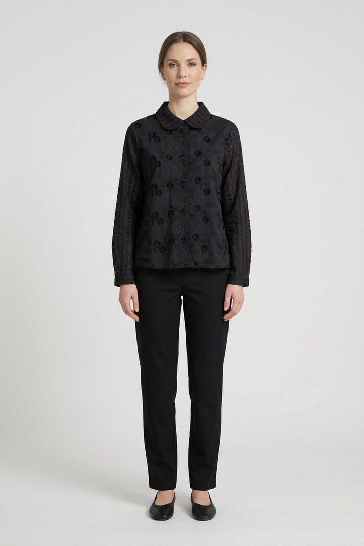 Lilith | Tonal Floral Embroidered Shirt — Black (front)