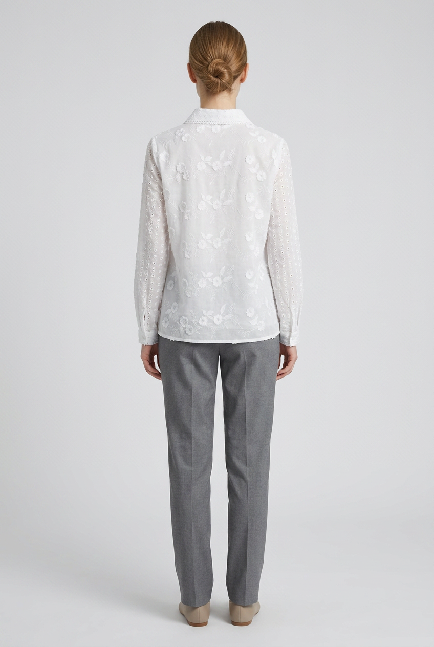 Lilith | Tonal Floral Embroidered Shirt — White (back)