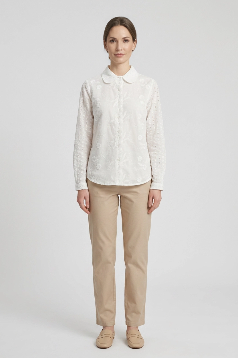 Lilith | Tonal Floral Embroidered Shirt — White (front)
