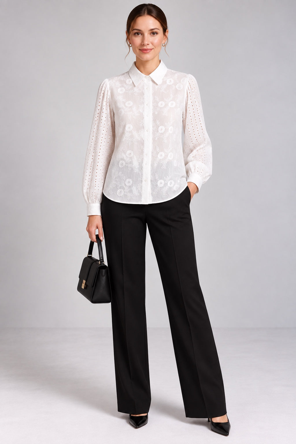 Lilith | Tonal Floral Embroidered Shirt — White (front)