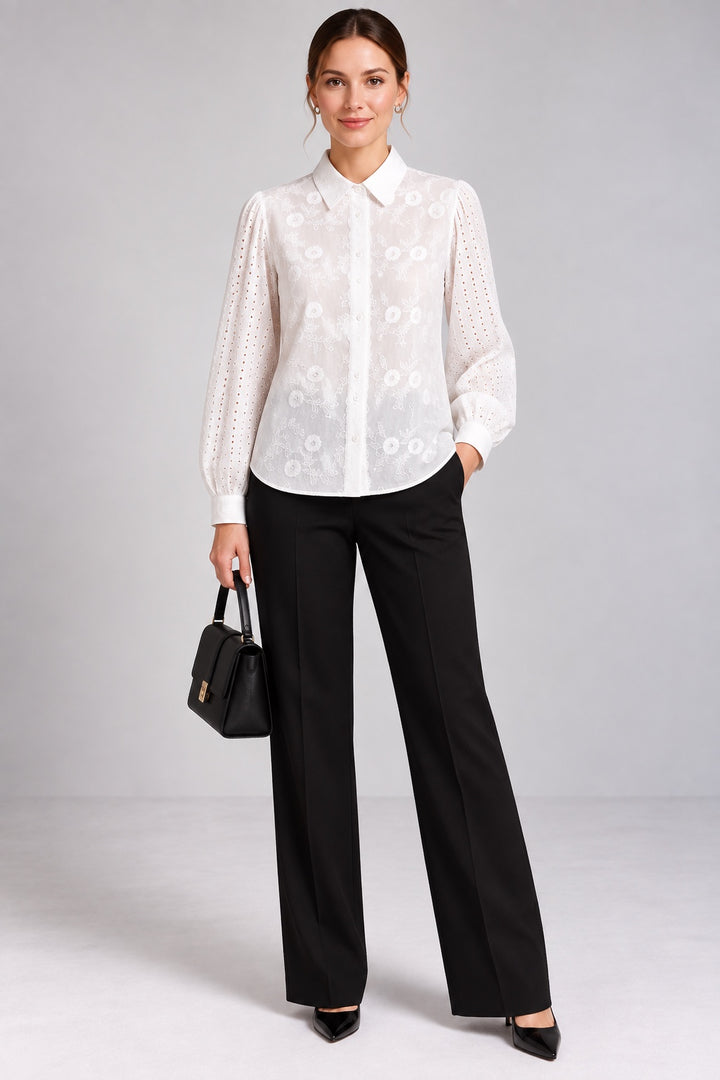 Lilith | Tonal Floral Embroidered Shirt — White (front)