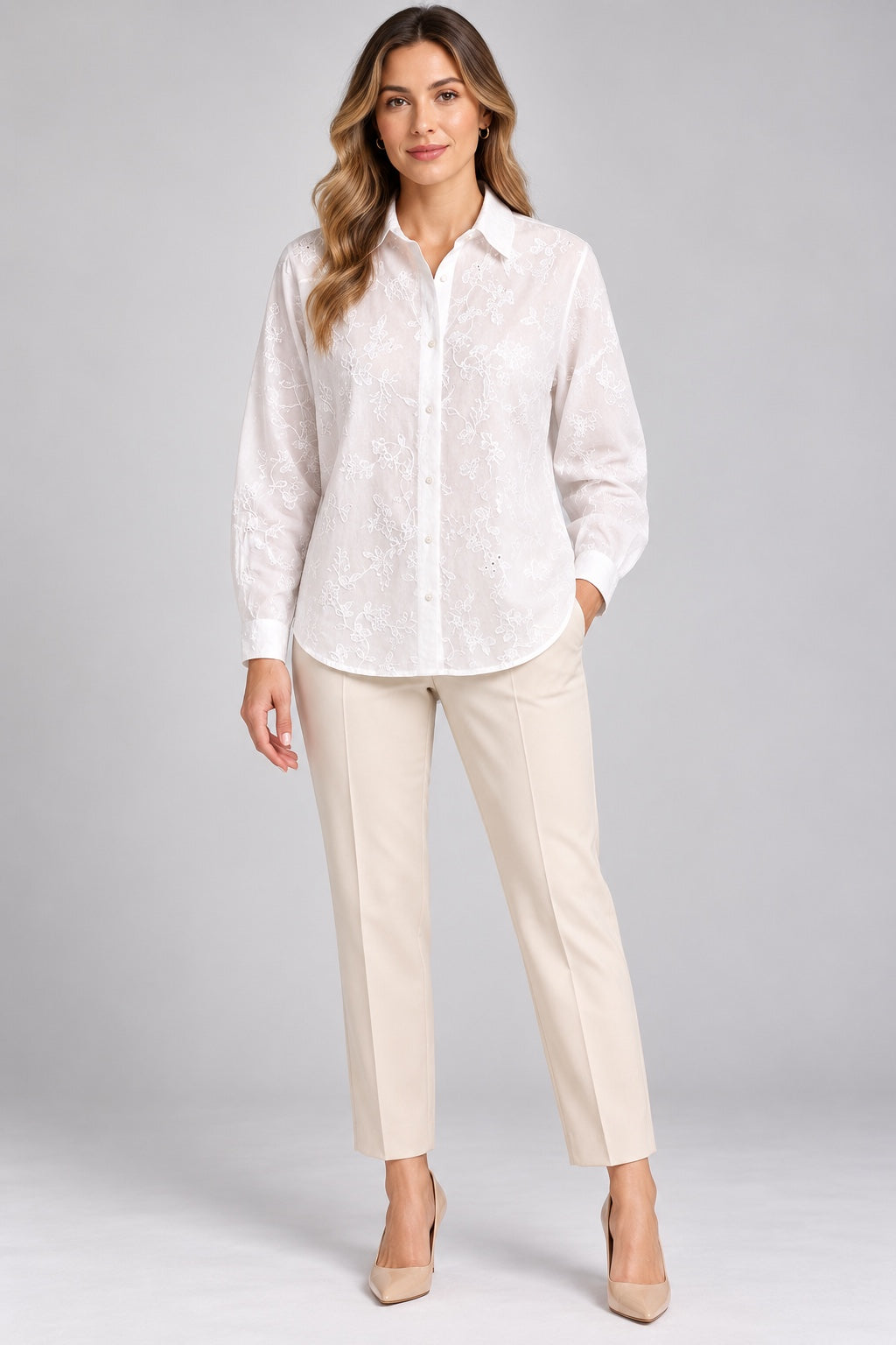 Elowen | Botanical Embroidered Cotton Shirt — White (front)