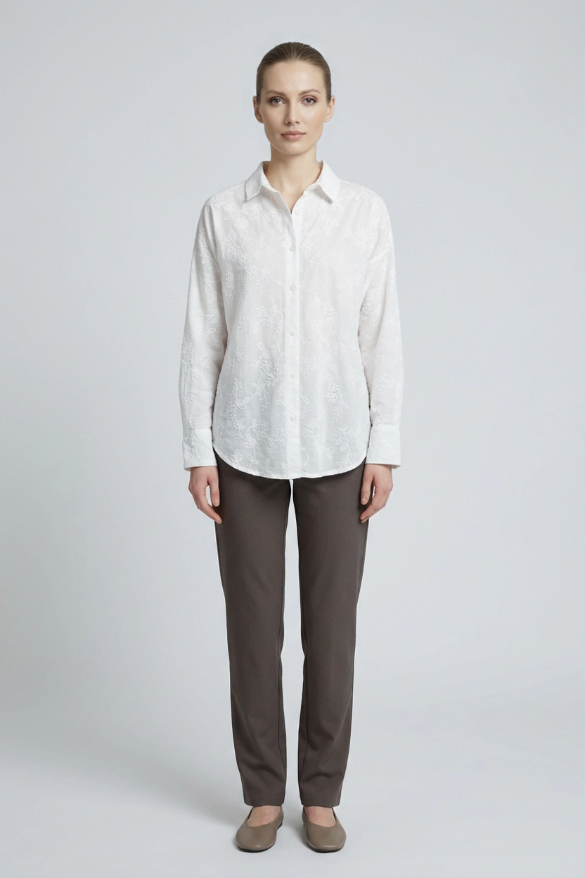 Elowen | Botanical Embroidered Cotton Shirt — White (front)