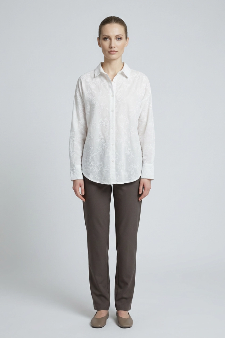 Elowen | Botanical Embroidered Cotton Shirt — White (front)