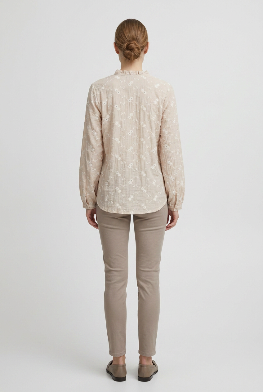 Margot | Daisy Embroidered Tie-Neck Blouse — Beige (back)