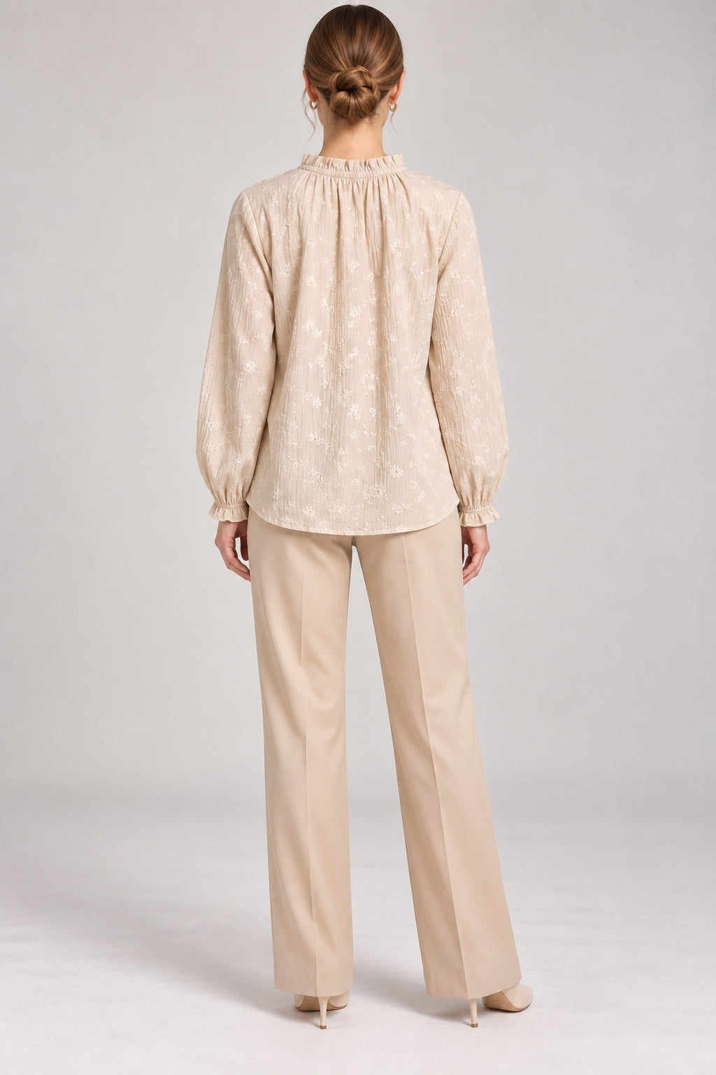 Margot | Daisy Embroidered Tie-Neck Blouse — Beige (back)