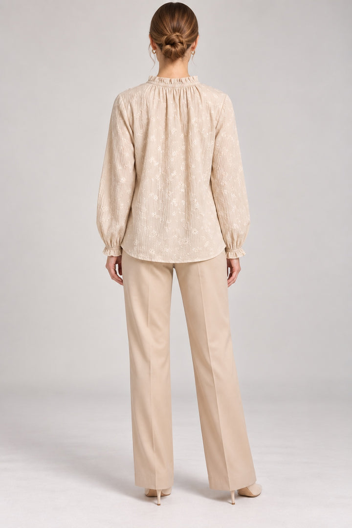 Margot | Daisy Embroidered Tie-Neck Blouse — Beige (back)