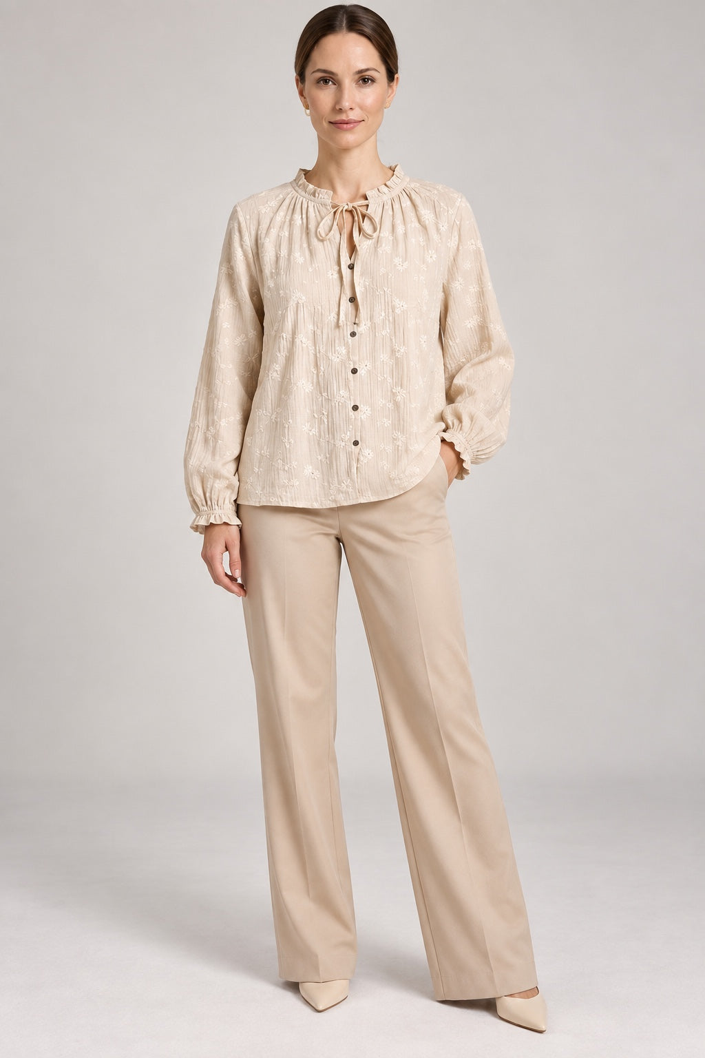 Margot | Daisy Embroidered Tie-Neck Blouse — Beige (front)