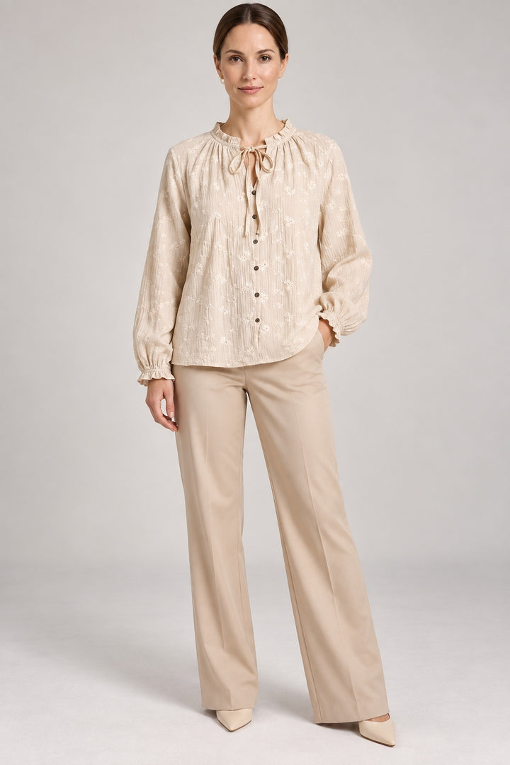 Margot | Daisy Embroidered Tie-Neck Blouse — Beige (front)