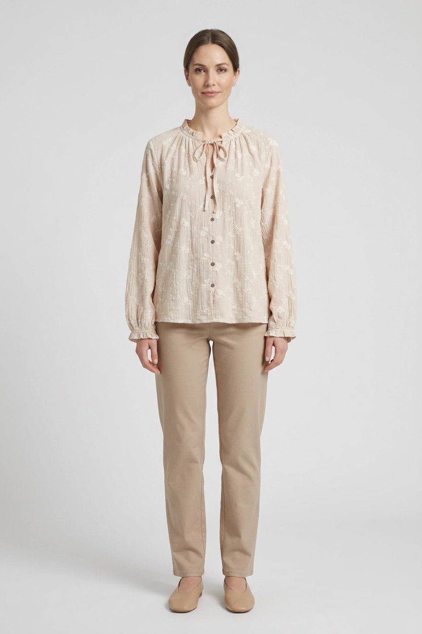 Margot | Daisy Embroidered Tie-Neck Blouse — Beige (front)