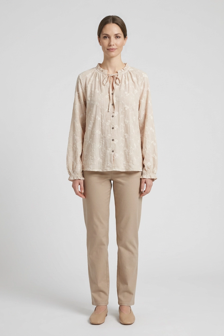 Margot | Daisy Embroidered Tie-Neck Blouse — Beige (front)