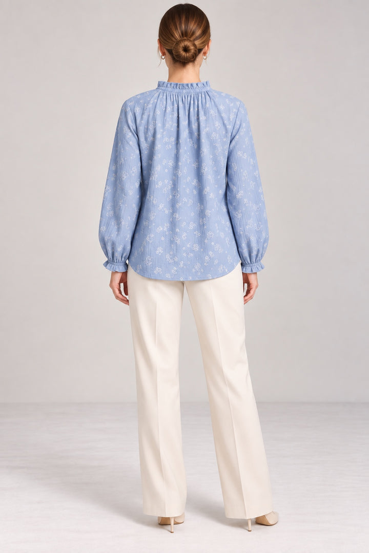Margot | Daisy Embroidered Tie-Neck Blouse — Blue (back)