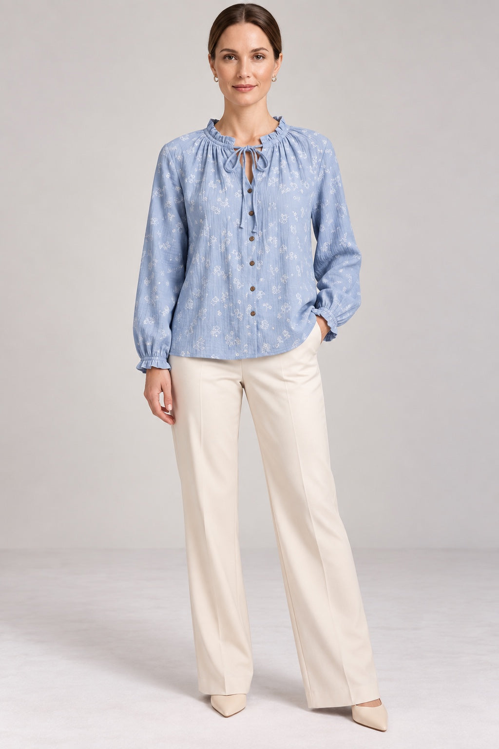 Margot | Daisy Embroidered Tie-Neck Blouse — Blue (front)
