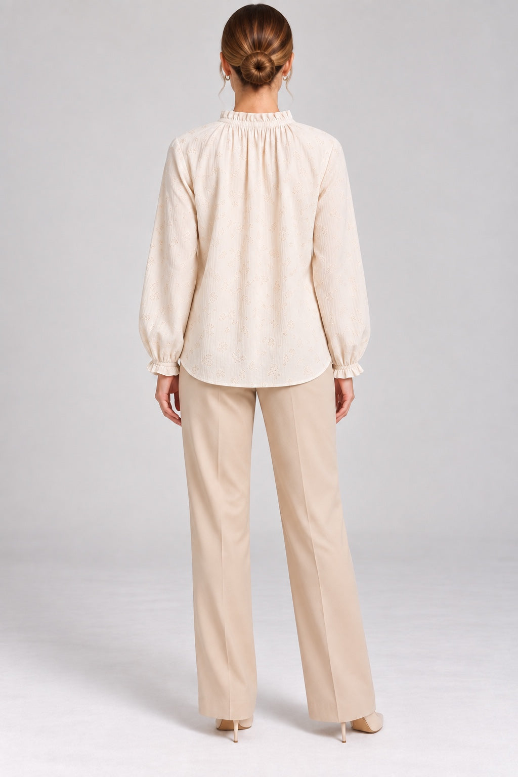 Margot | Daisy Embroidered Tie-Neck Blouse — Ecru (back)