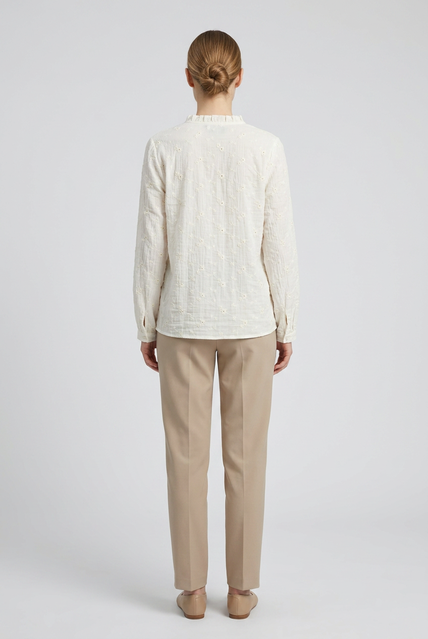 Margot | Daisy Embroidered Tie-Neck Blouse — Ecru (back)