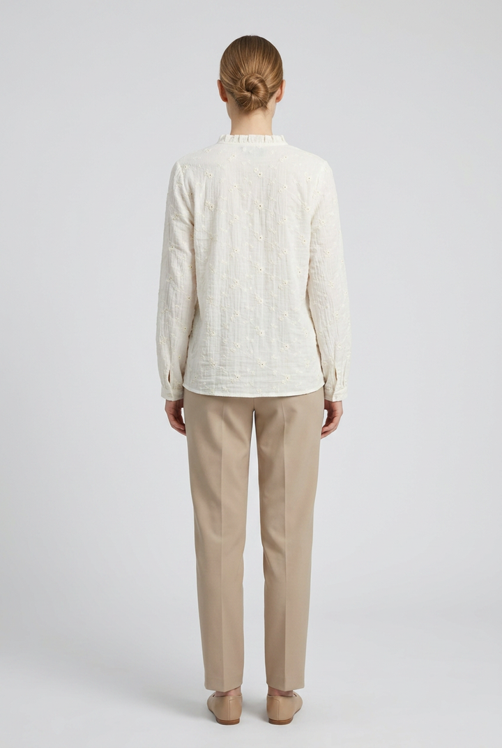 Margot | Daisy Embroidered Tie-Neck Blouse — Ecru (back)