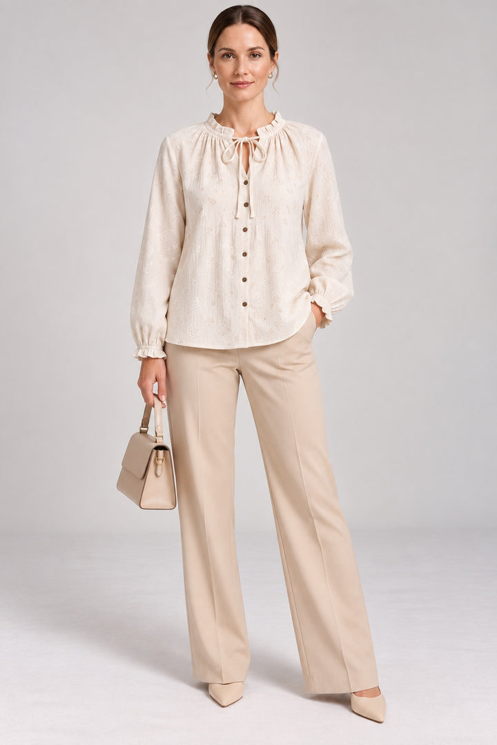 Margot | Daisy Embroidered Tie-Neck Blouse — Ecru (front)