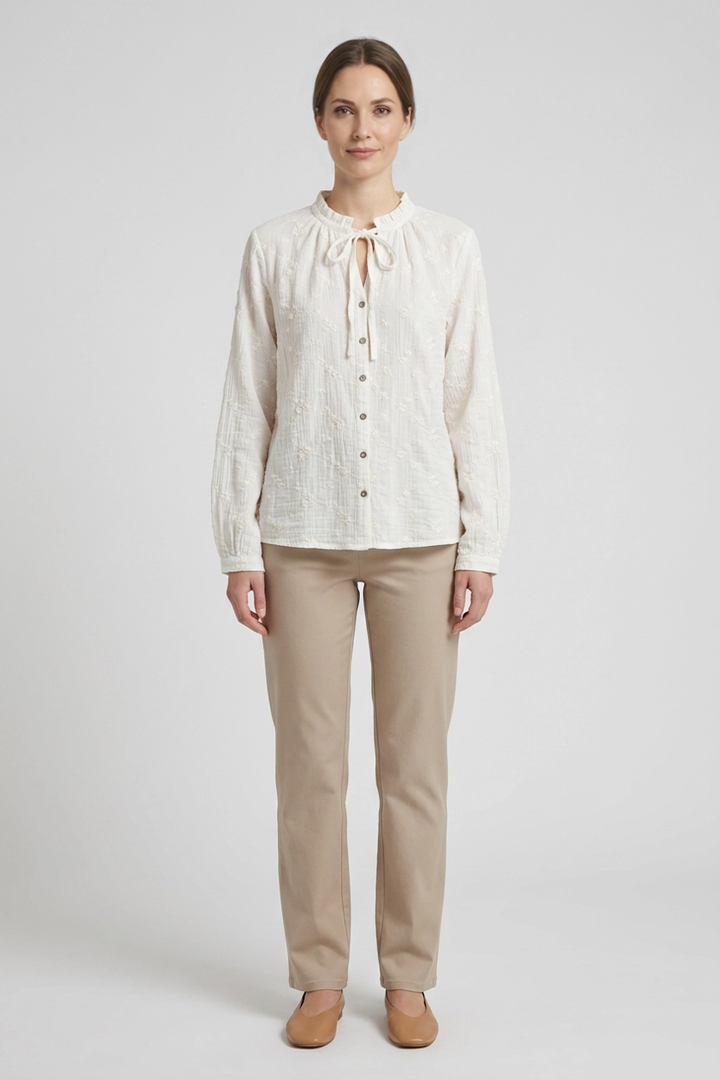 Margot | Daisy Embroidered Tie-Neck Blouse — Ecru (front)