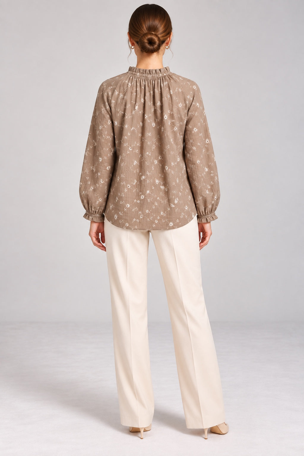 Margot | Daisy Embroidered Tie-Neck Blouse — Vison (back)