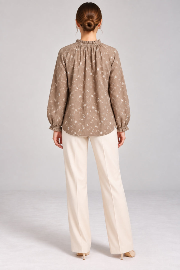 Margot | Daisy Embroidered Tie-Neck Blouse — Vison (back)
