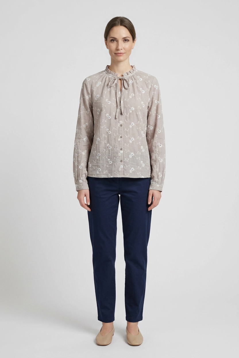 Margot | Daisy Embroidered Tie-Neck Blouse — Vison (front)