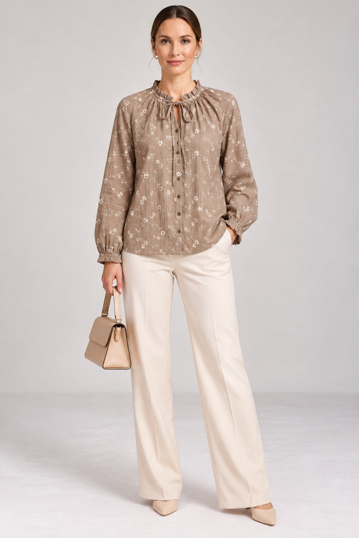 Margot | Daisy Embroidered Tie-Neck Blouse — Vison (front)
