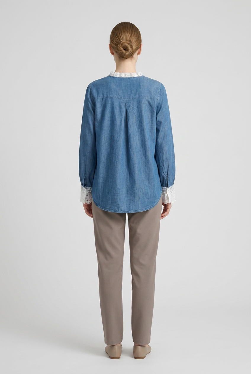 Adelaide | Lace Trim Chambray Prairie Shirt — Denim (back)