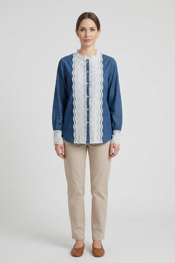 Adelaide | Lace Trim Chambray Prairie Shirt — Denim (front)