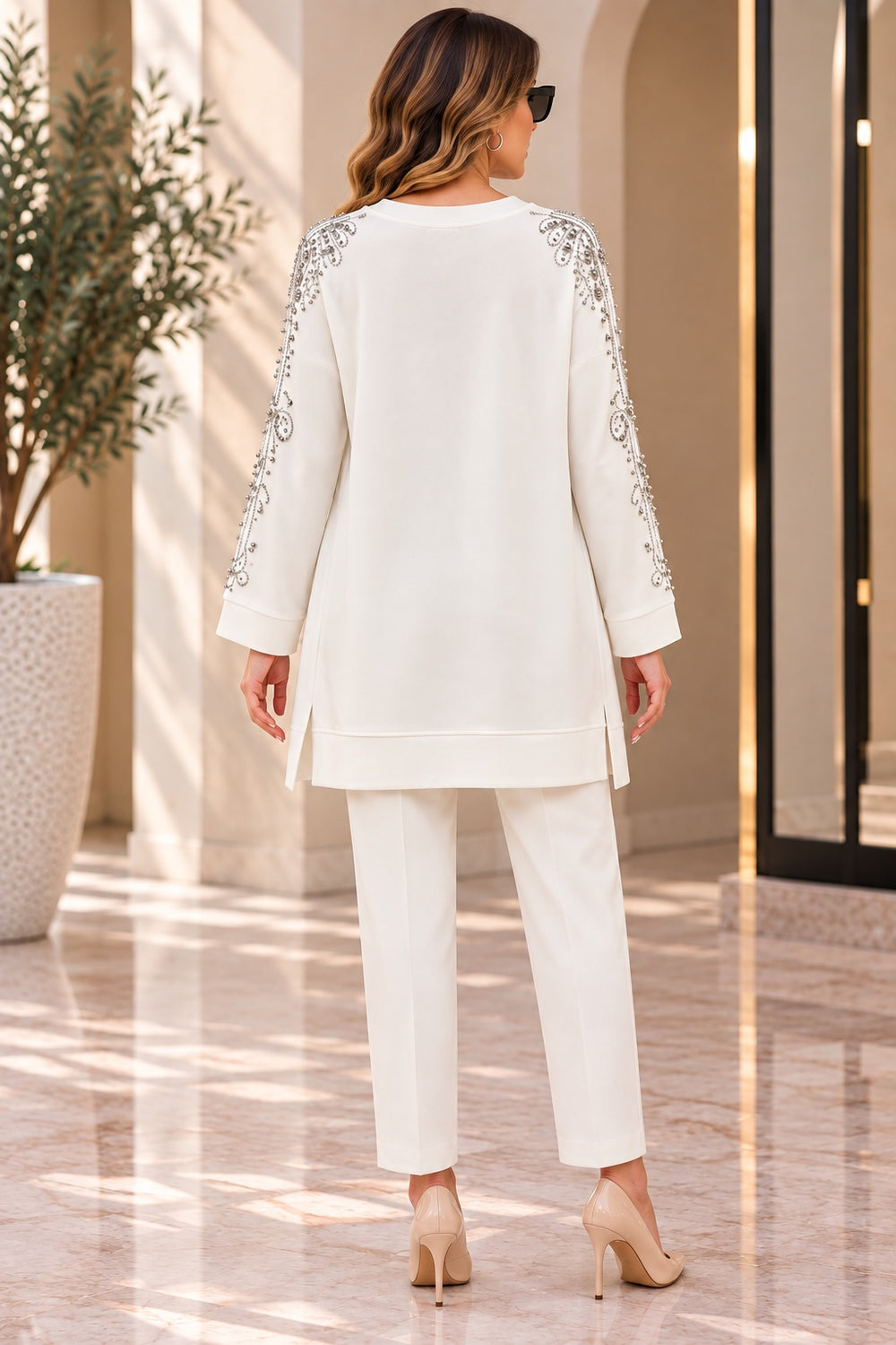 Ivy | Crystal Vine Shoulder Tunic — White (back)