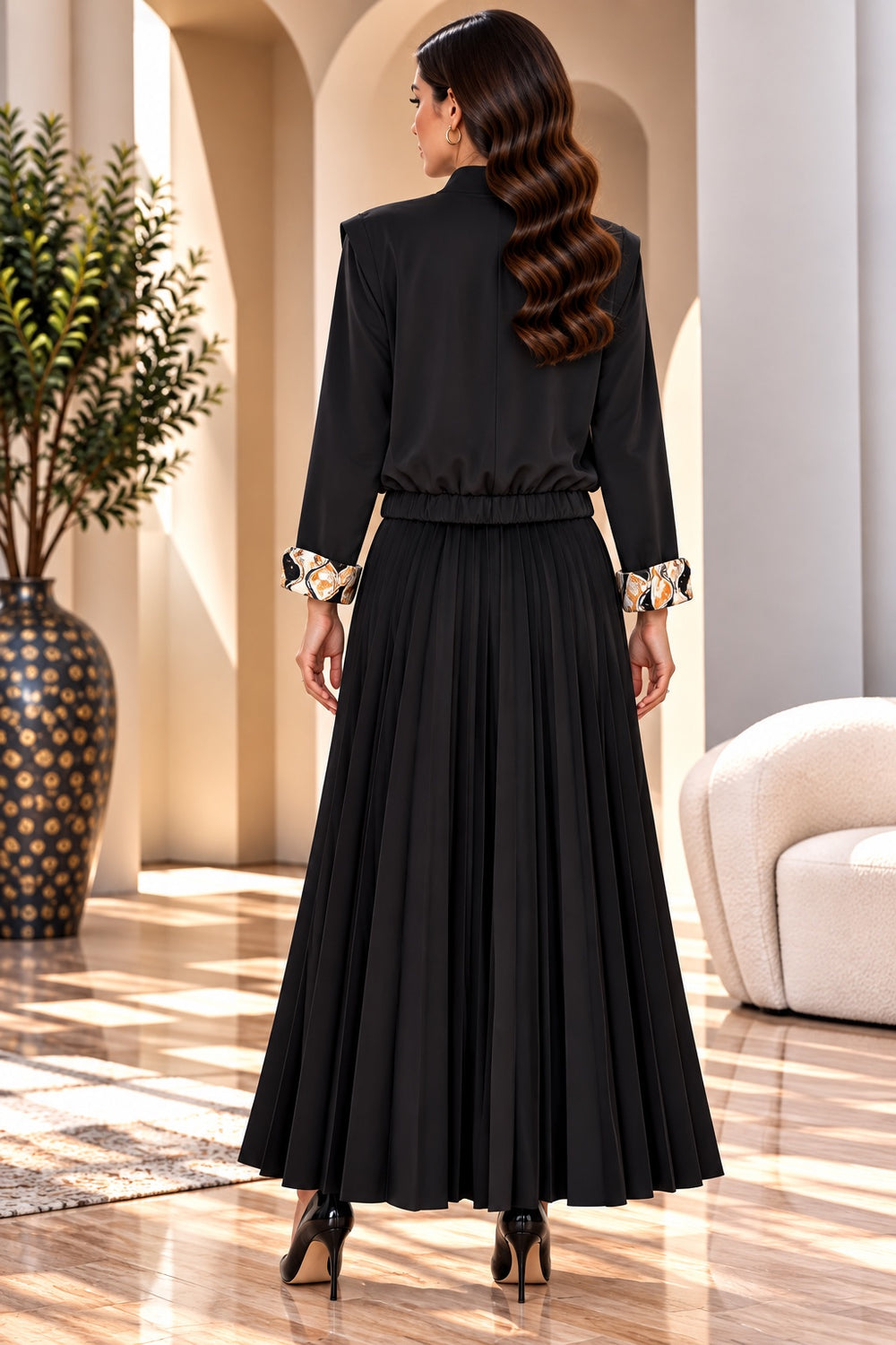 Orla | Bomber Jacket & Pleated Skirt Crepe Set — Black (back)
