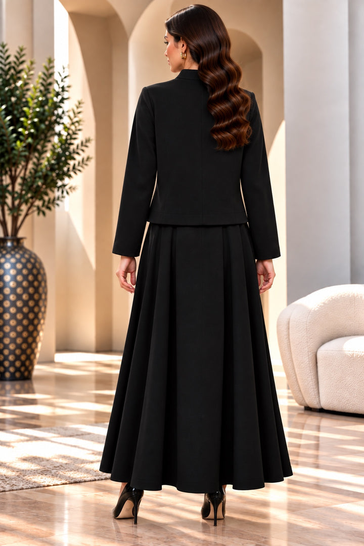 Beatrix | Mandarin Collar Cropped Jacket &amp; Skirt Set — Black (back)
