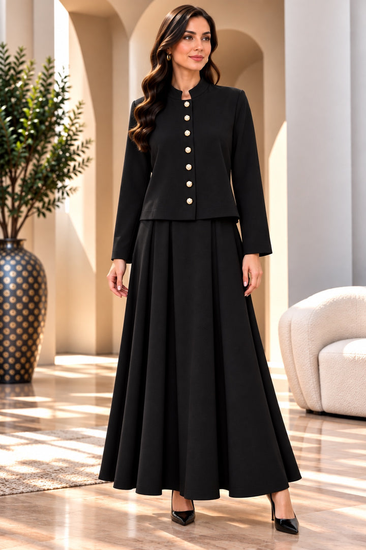 Beatrix | Mandarin Collar Cropped Jacket &amp; Skirt Set — Black (front)