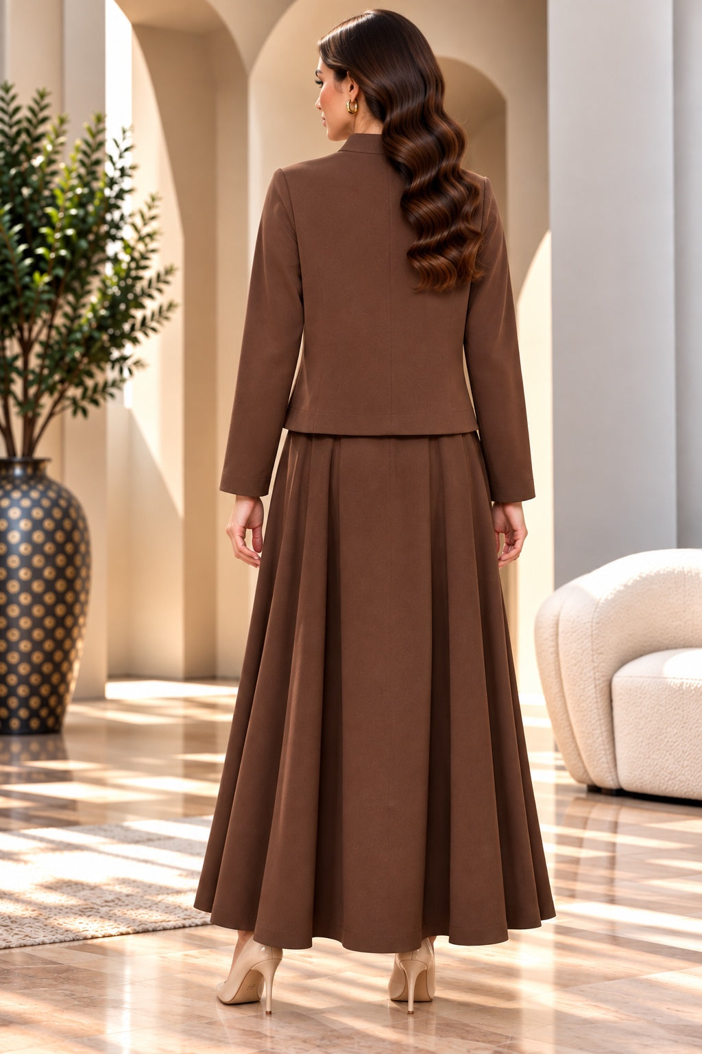 Beatrix | Mandarin Collar Cropped Jacket &amp; Skirt Set — Brown (back)