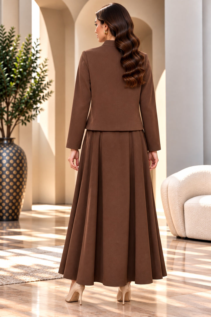 Beatrix | Mandarin Collar Cropped Jacket &amp; Skirt Set — Brown (back)