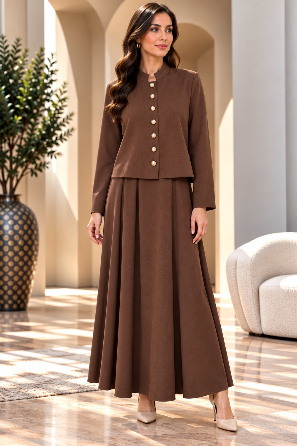 Beatrix | Mandarin Collar Cropped Jacket & Skirt Set — Brown (front)