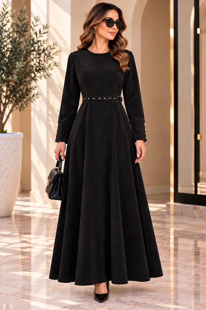 Sable | Suede-Touch A-Line Dress — Black (front)