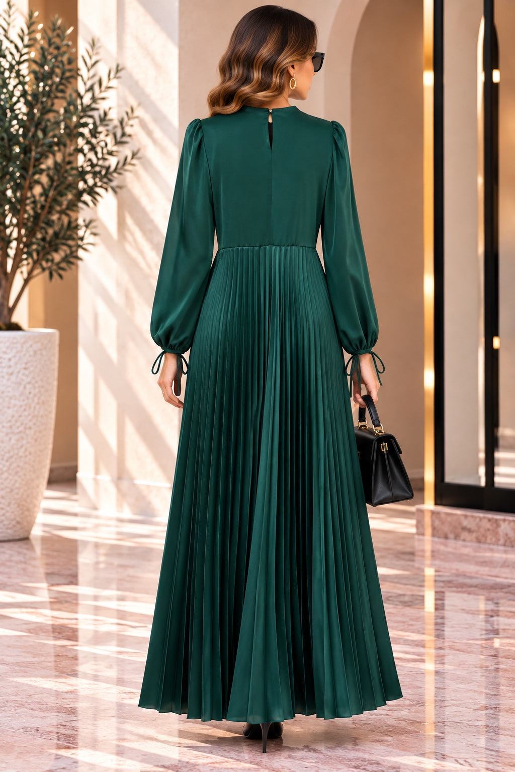 Freya | Satin Pleated Wrap Evening Dress — Green (back)