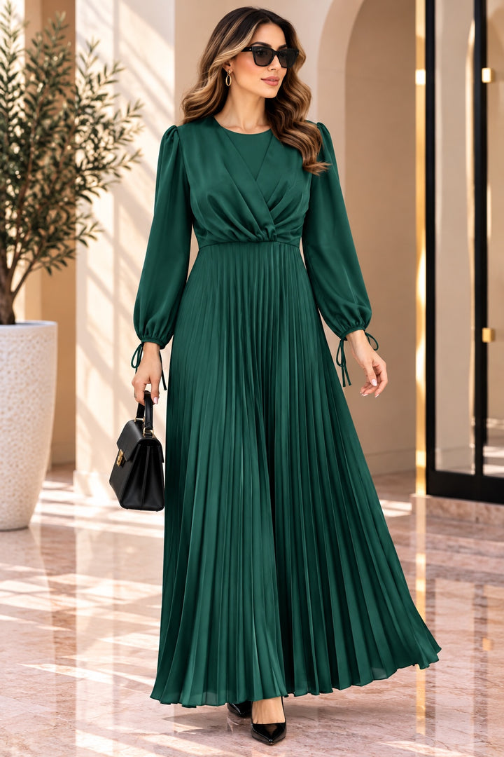 Freya | Satin Pleated Wrap Evening Dress — Green (front)