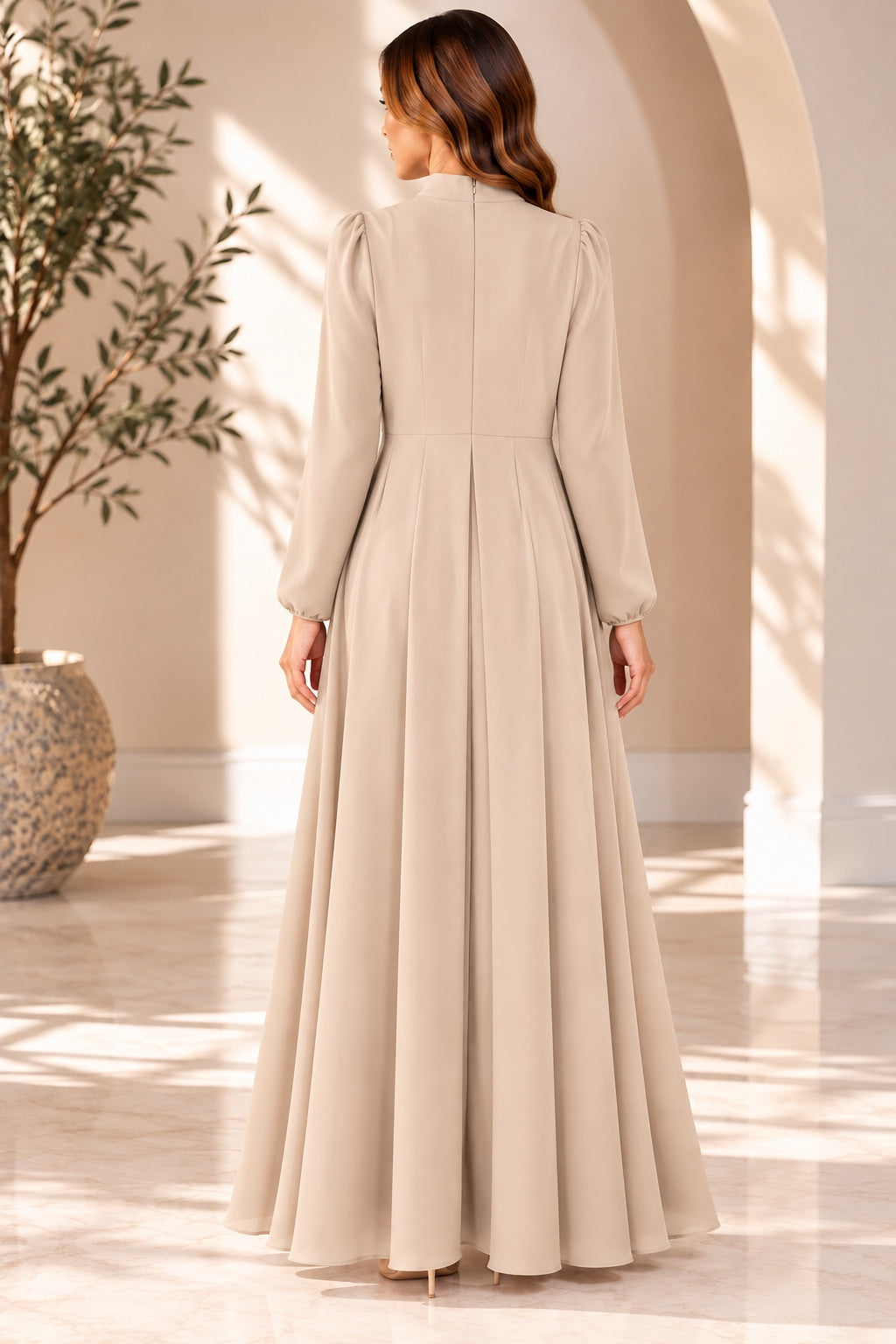 Amara | Crepe Crystal Brooch Evening Dress — Beige (back)