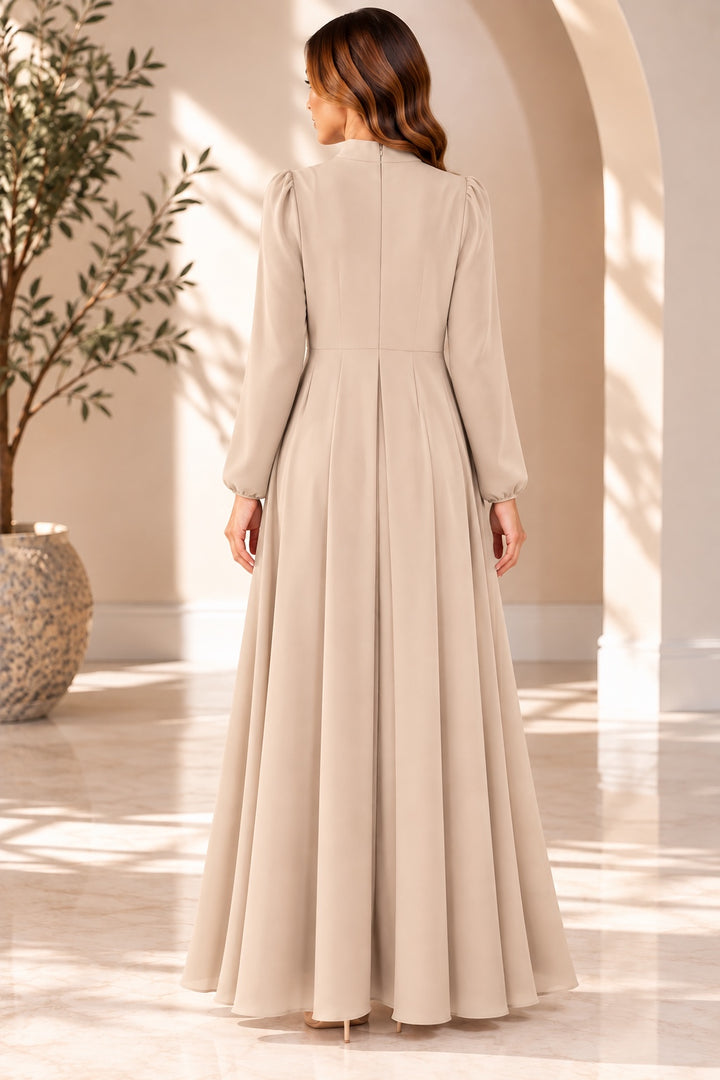 Amara | Crepe Crystal Brooch Evening Dress — Beige (back)
