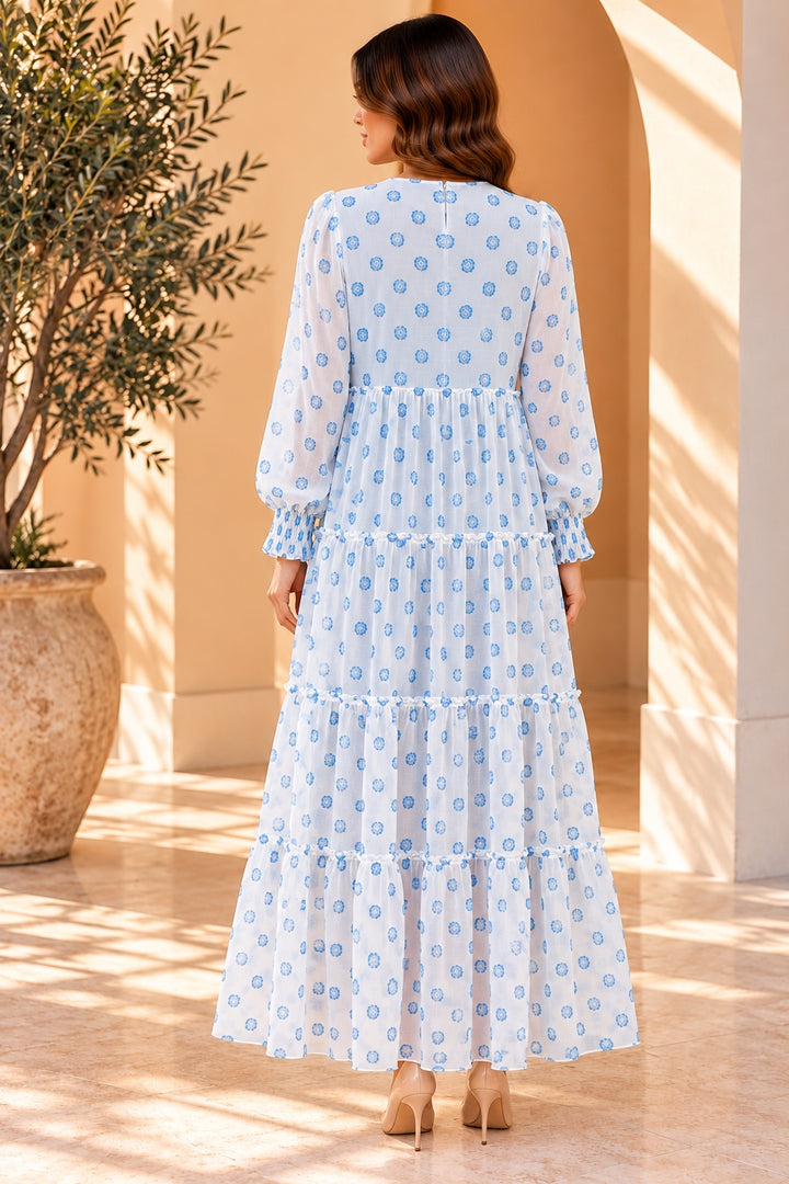 Azura | Flocked Floral Tiered Dress [CLEARANCE -60%] — Turquoise (back)